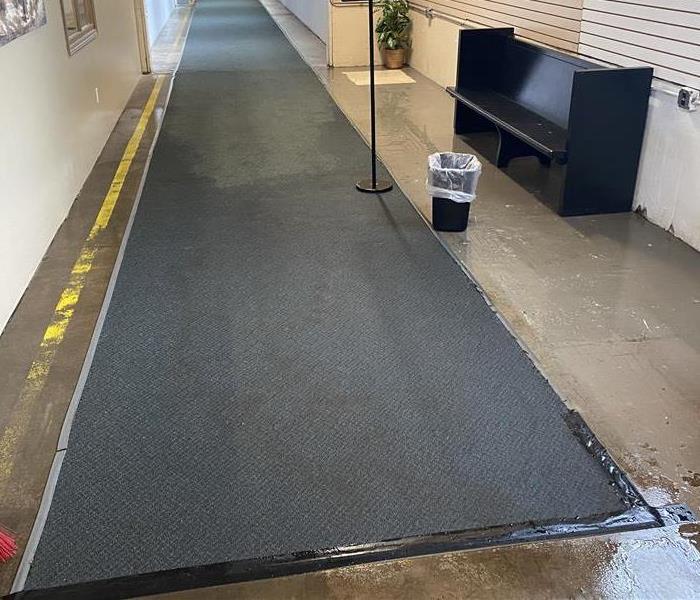 Commercial hallway with water damage on the floor.